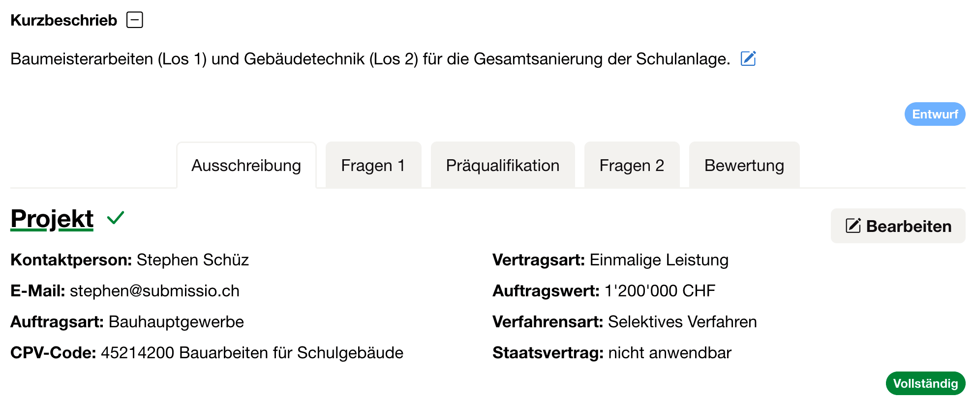 Die Projektseite folgt Ihrem Verfahren